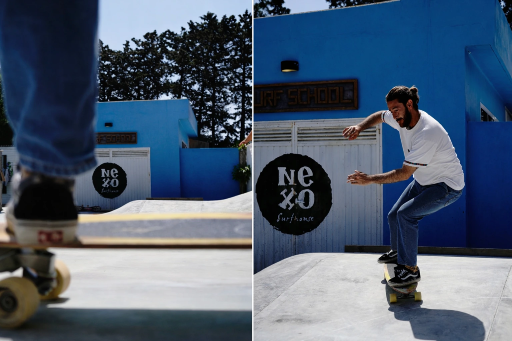 Skater practicando surfskate frente a la fachada de una surf school en El Palmar.