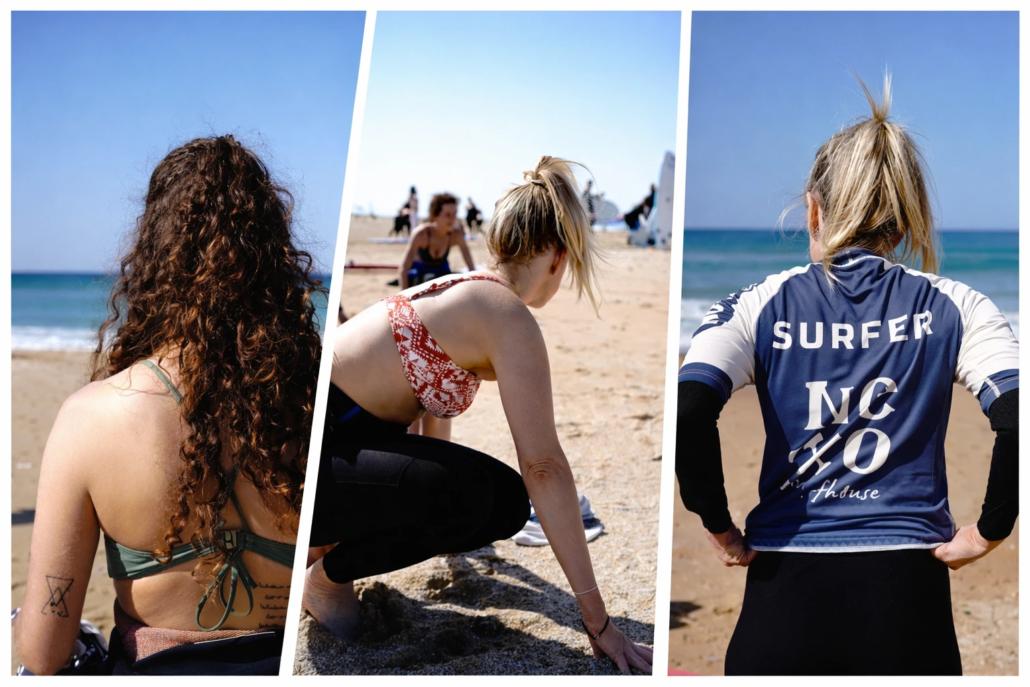 Montaje de tres escenas en la playa con alumnas preparándose para una clase de surf junto al mar.